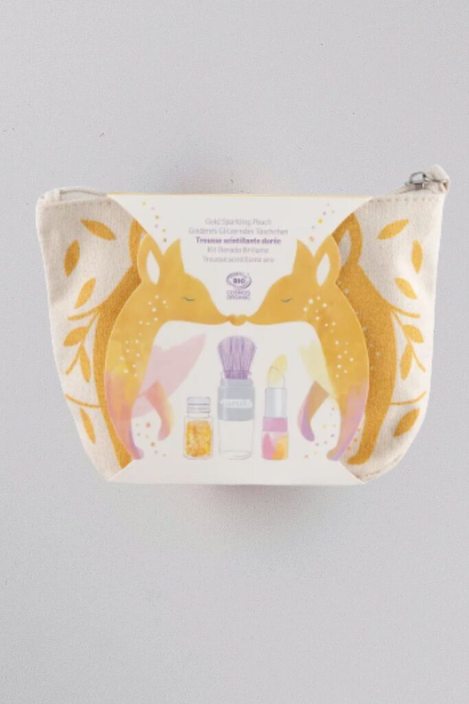 Złota lśniąca saszetka - zestaw do makijażu dla dzieci: waniliowy balsam do ust, proszek do ozdabiania włosów i ciała, Namaki
