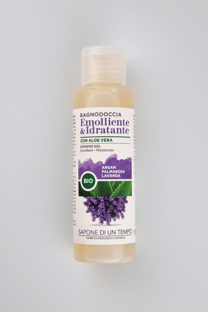 Naturalny Emolientowy i nawilżający żel pod prysznic z aloesem, olejem arganowym, palmarosą i lawendą Sapone di un tempo 100ml