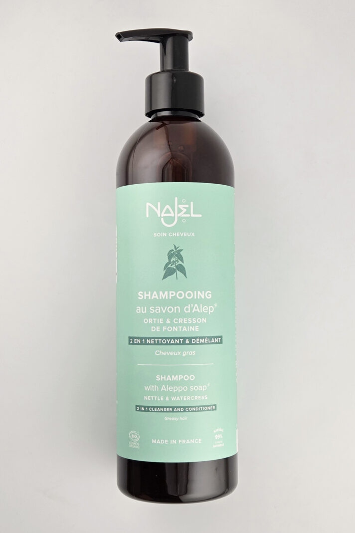 Szampon i odżywka 2w1 do włosów przetłuszczających się , z mydłem z Aleppo, certyfikowany: COSMEBIO, 500ml, Najel