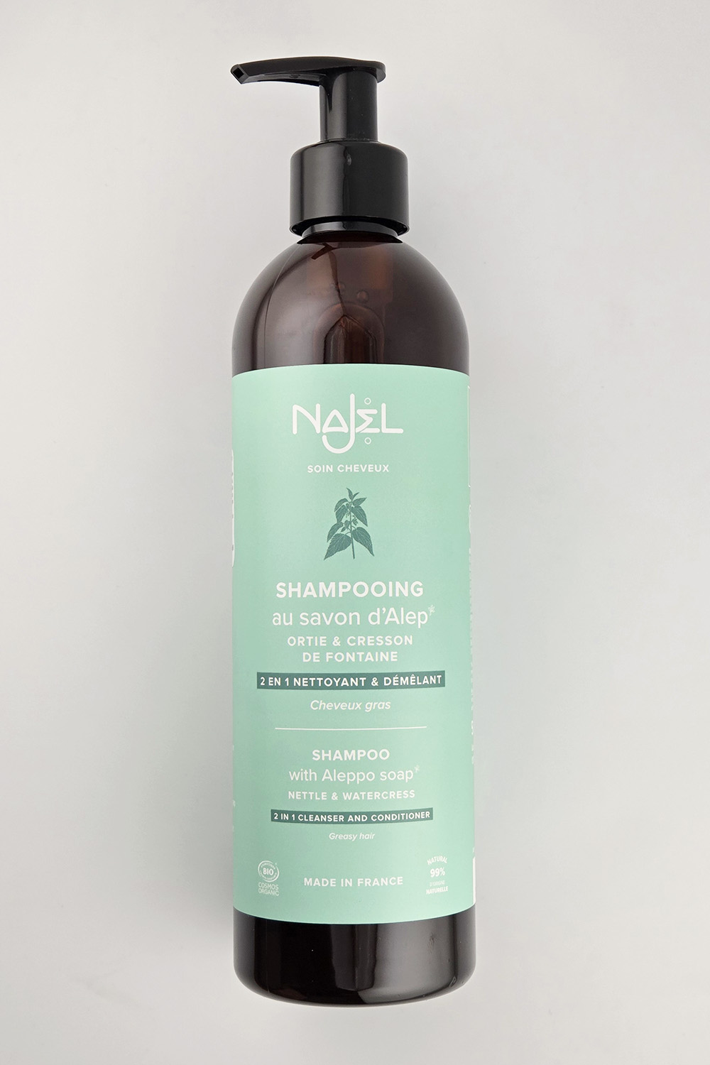 Szampon i odżywka 2w1 do włosów przetłuszczających się , z mydłem z Aleppo, certyfikowany: COSMEBIO, 500ml, Najel