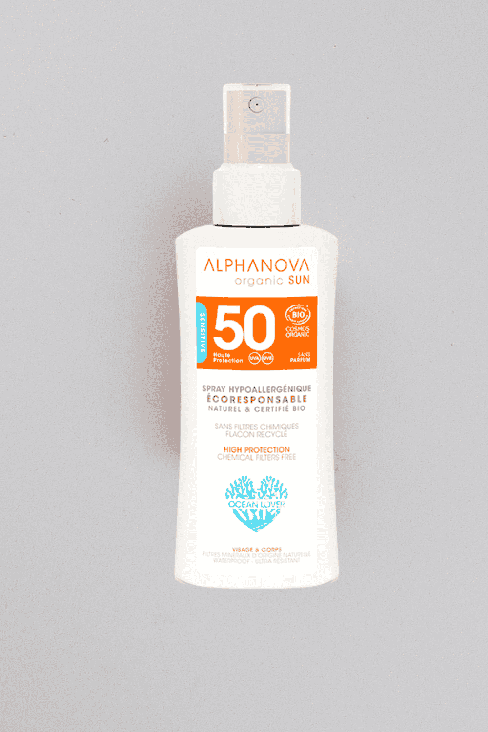 Alphanova Sun Bio, Spray z filtrem SPF50, wersja podróżna, 90g